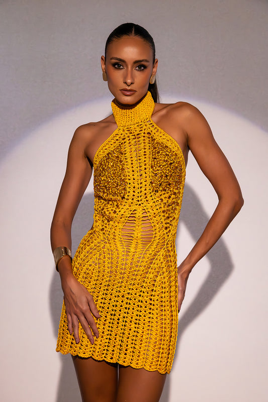 Vestido Trend bordado curto amarelo