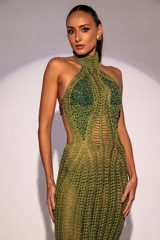 Vestido Trend longo bordado verde